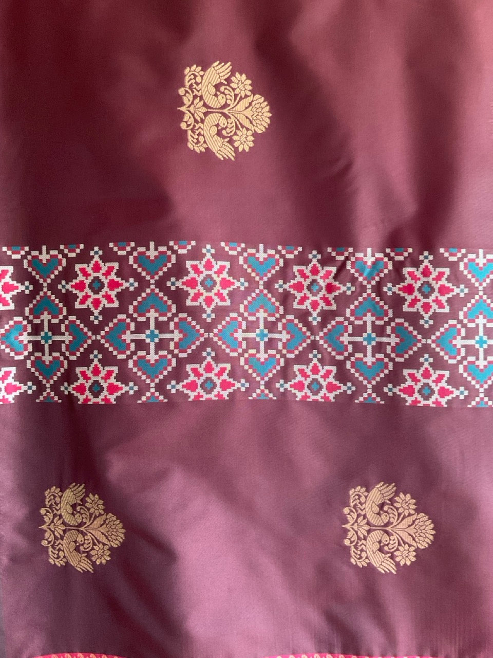 Brown & Pink Soft Silk Saree with Gold Peacock Buttas & Ikat Geometric Border