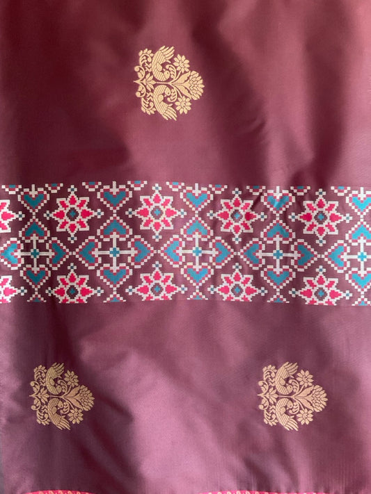 Brown & Pink Soft Silk Saree with Gold Peacock Buttas & Ikat Geometric Border