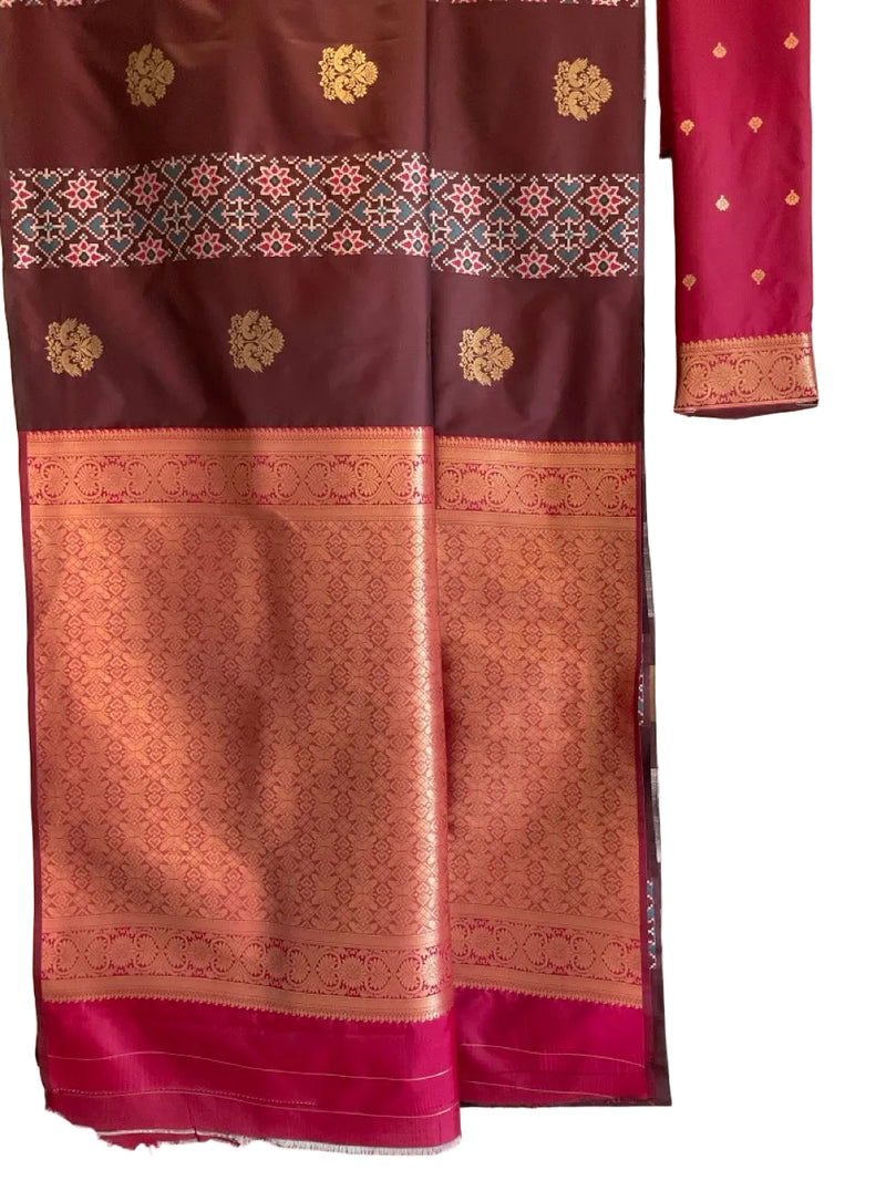 Brown & Pink Soft Silk Saree with Gold Peacock Buttas & Ikat Geometric Border