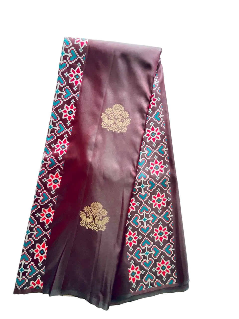 Brown & Pink Soft Silk Saree with Gold Peacock Buttas & Ikat Geometric Border
