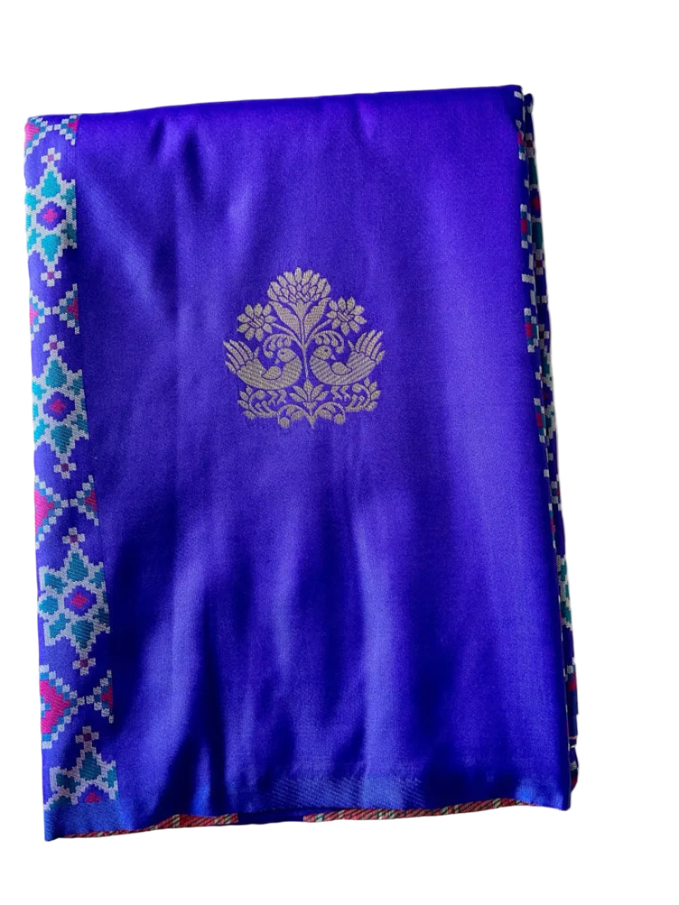 Royal Purple & Teal Silk Saree with Silver Peacock Buttas & patola Border