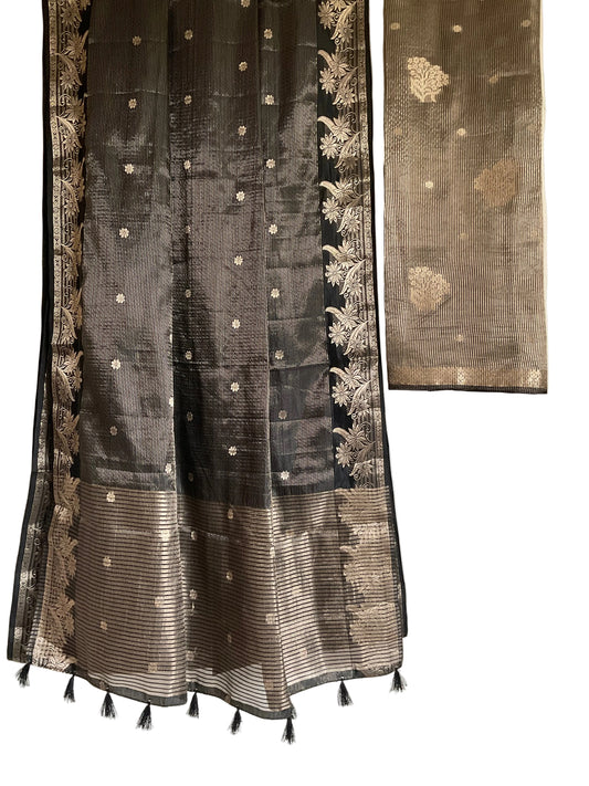 Black Saree with Brocade Border & Buti Weave