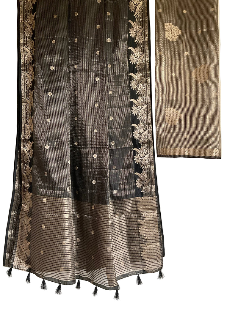 Black Saree with Brocade Border & Buti Weave