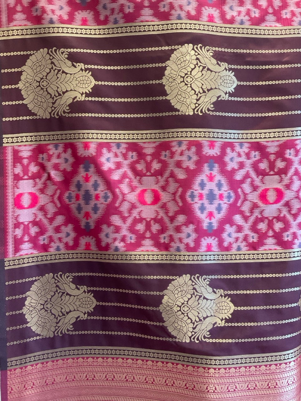 Pink & Dark Brown Patola Silk Saree with Gold Zari Peacock Border