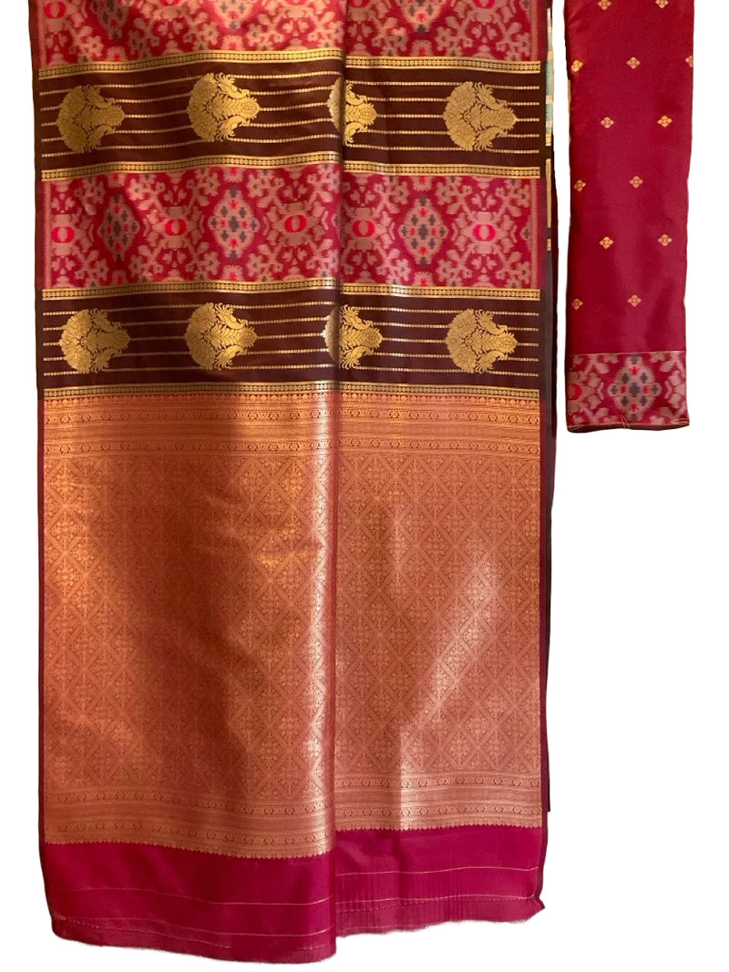 Pink & Dark Brown Patola Silk Saree with Gold Zari Peacock Border