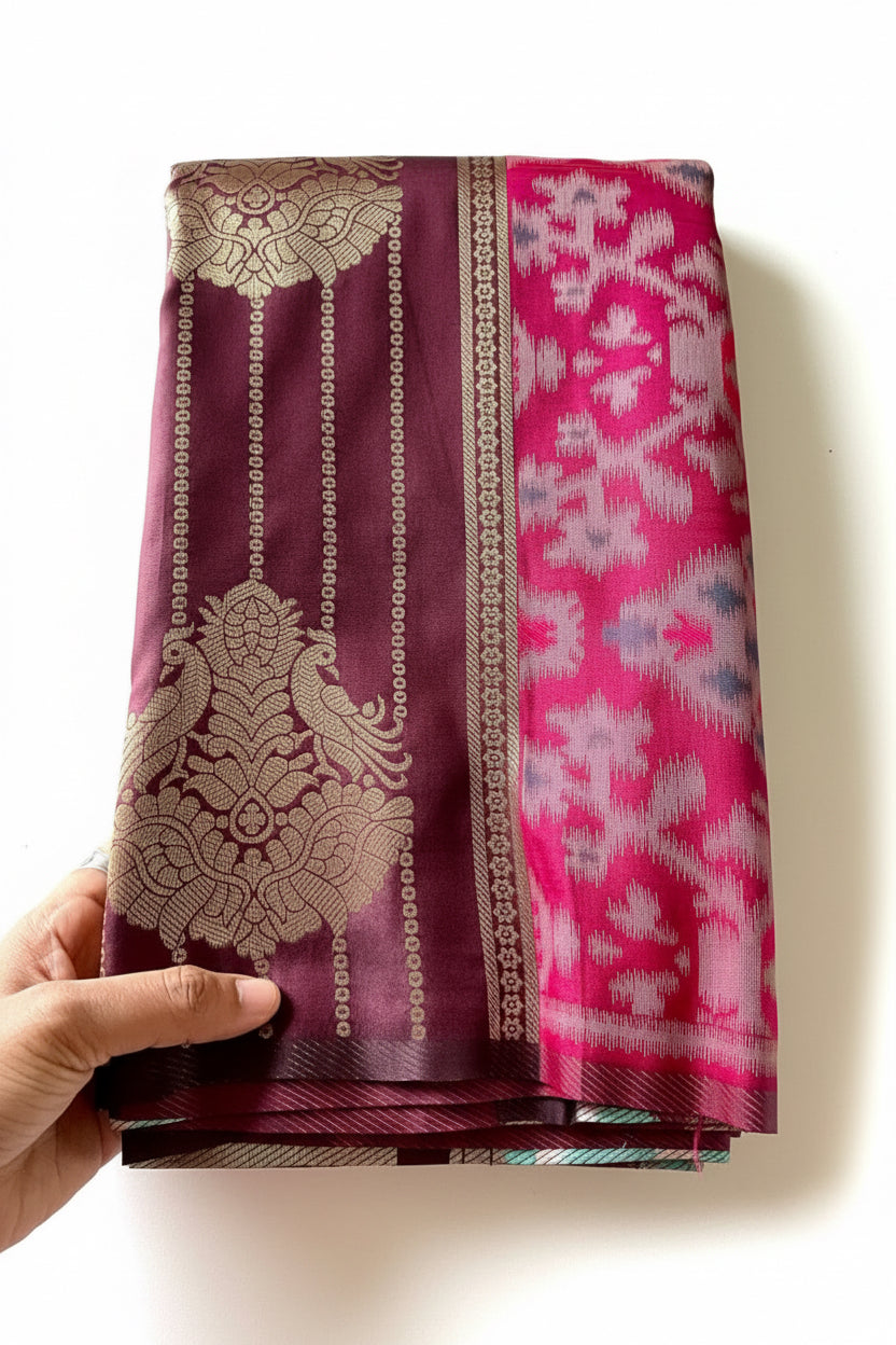 Pink & Dark Brown Patola Silk Saree with Gold Zari Peacock Border