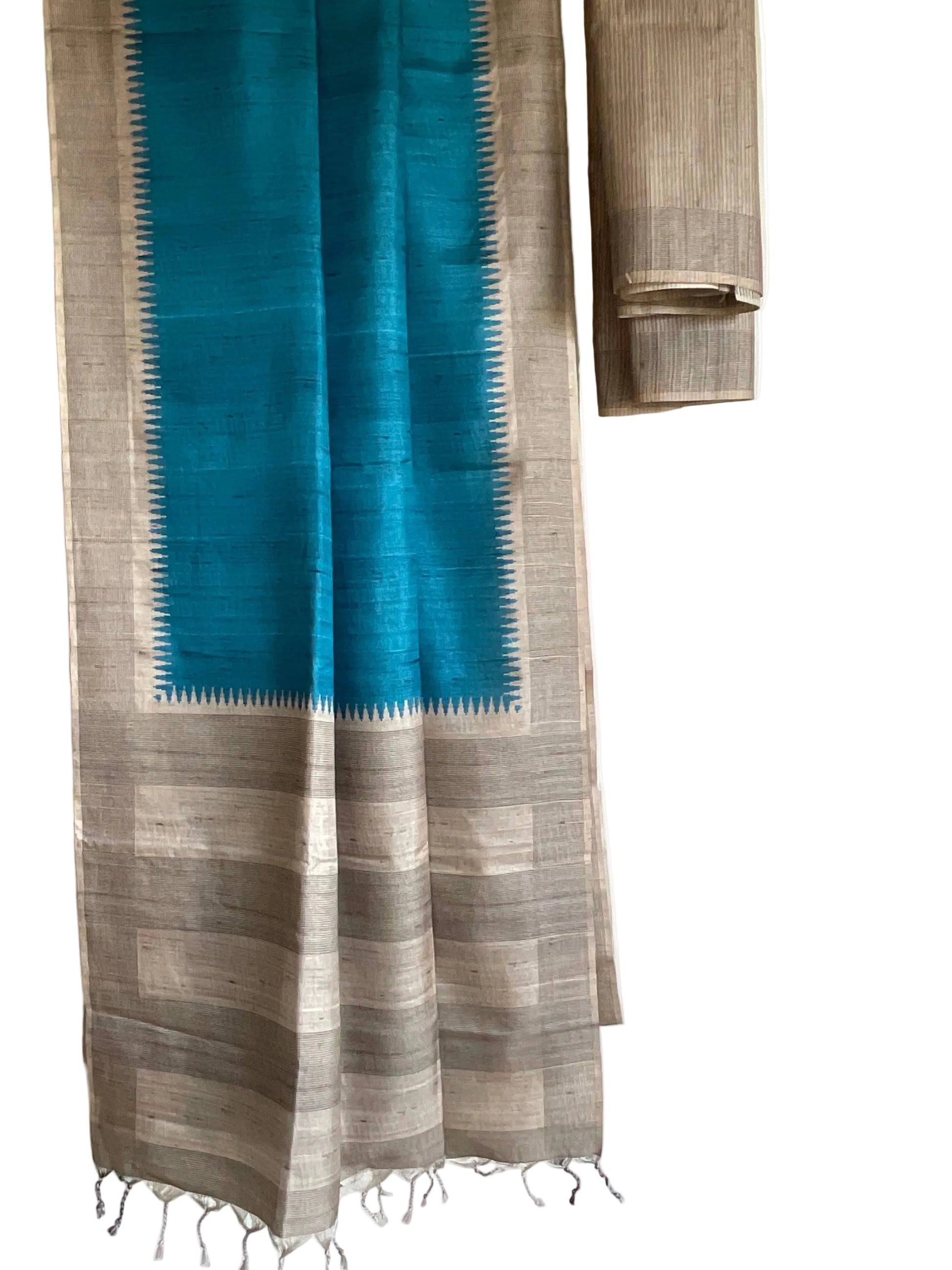 Blue Tussar Silk Saree with Natural Beige Pallu & Temple Border