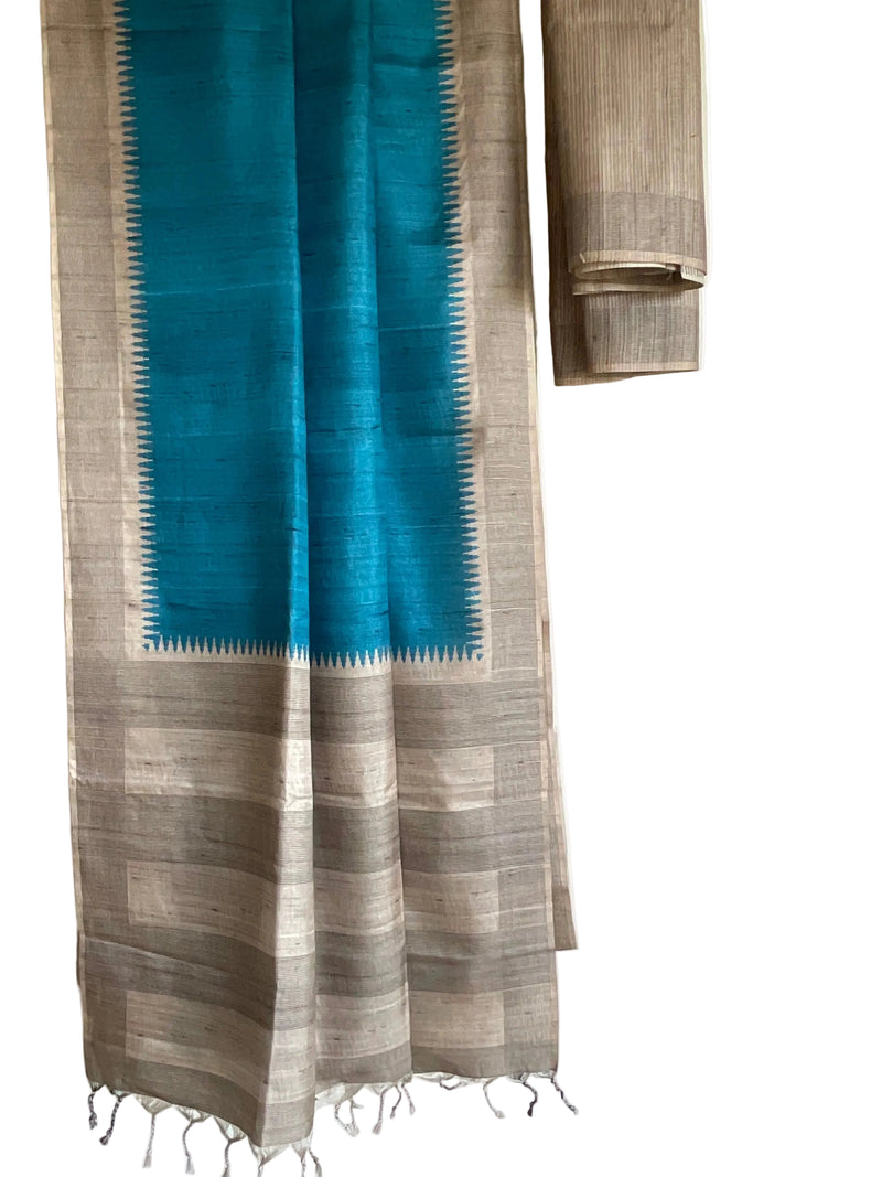 Blue Tussar Silk Saree with Natural Beige Pallu & Temple Border