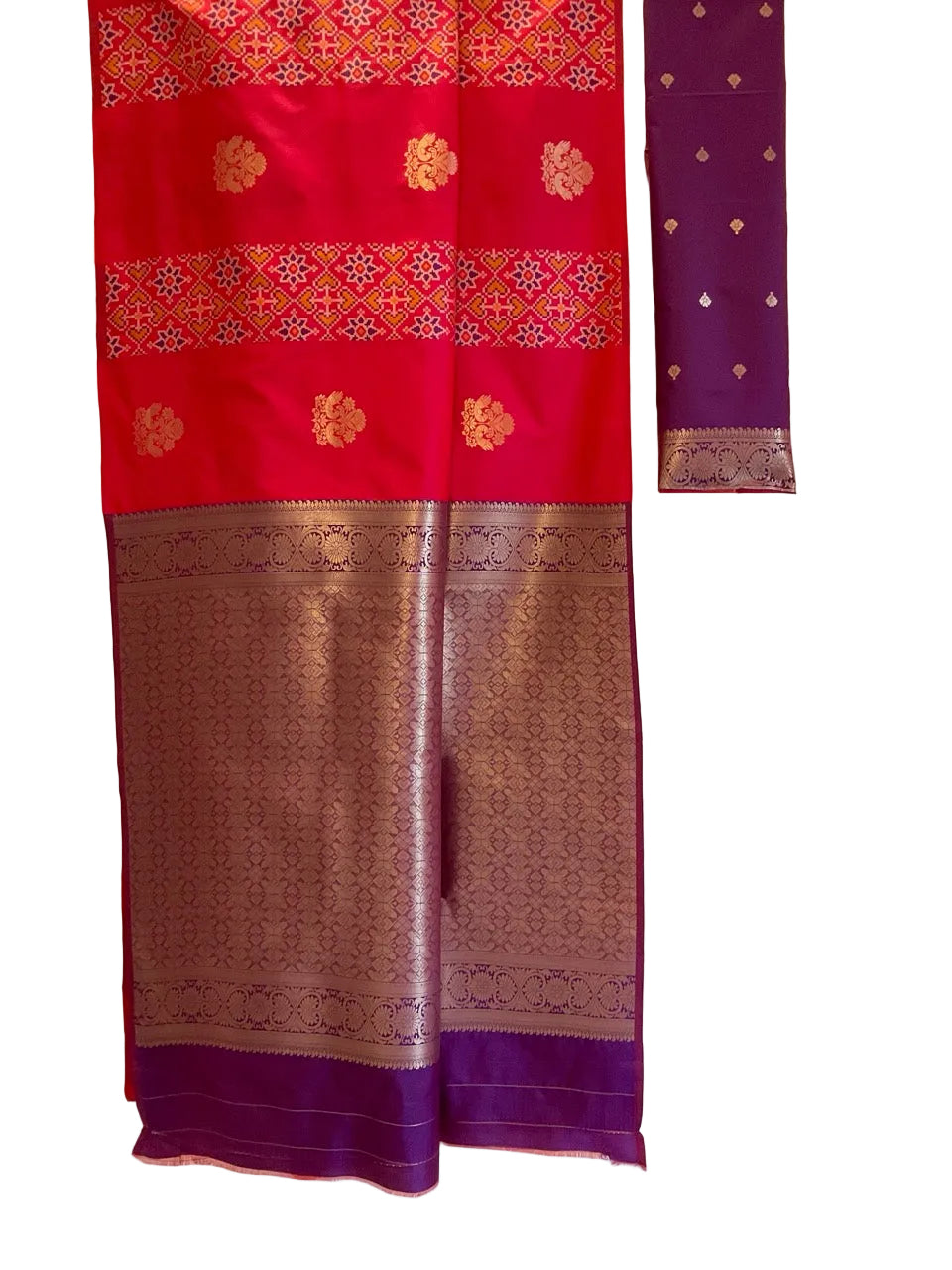 Red & Purple Peacock Ikat Patola Saree | Golden Heavy Pallu on Purple