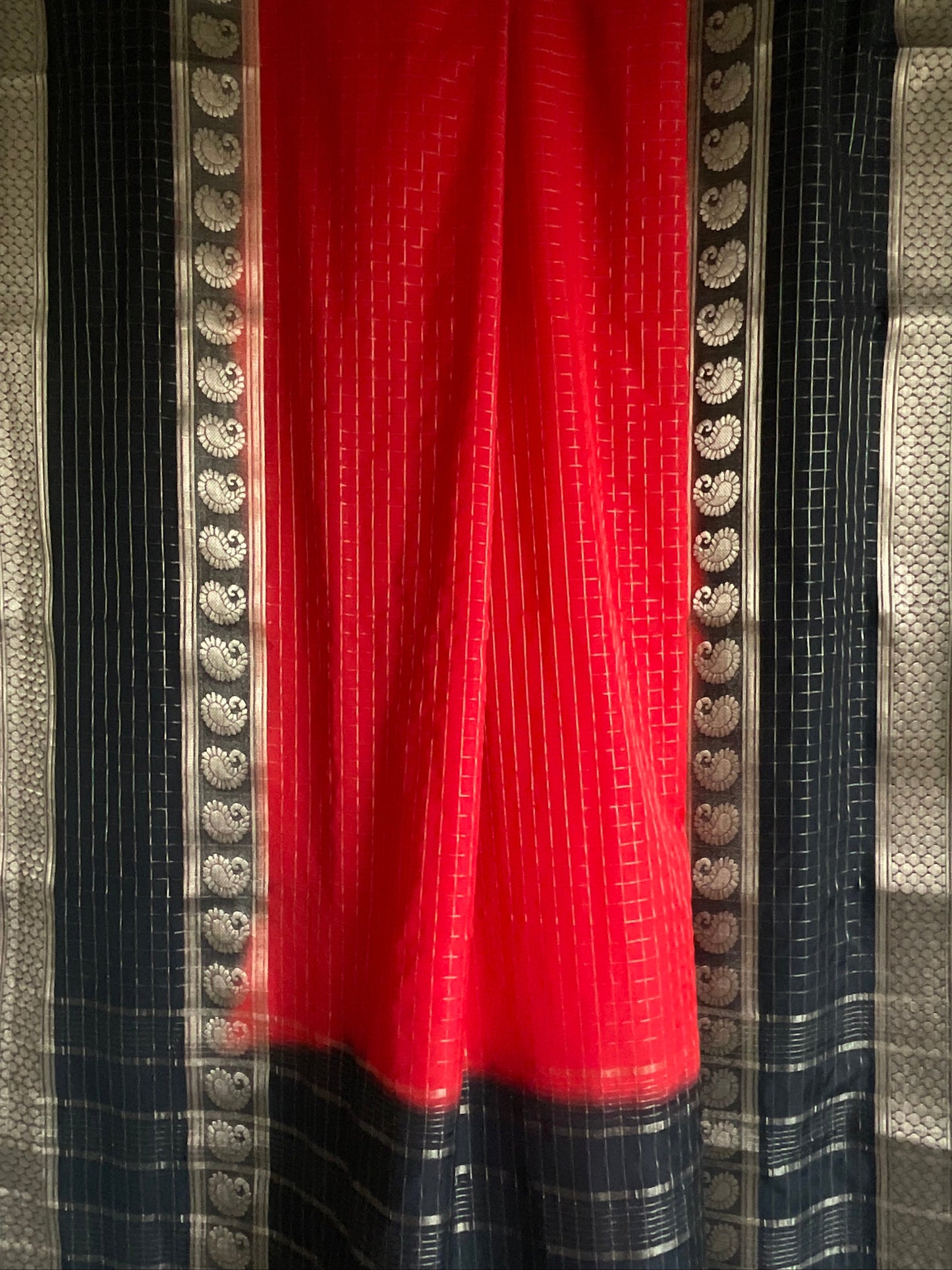 Scarlet Red Crepe Saree with Silver Check Weave & Mango Zari Border