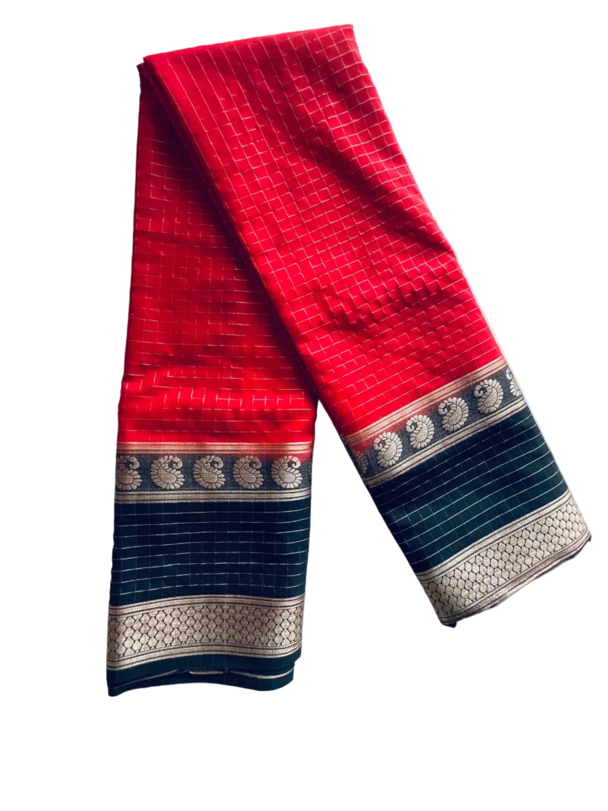 Scarlet Red Crepe Saree with Silver Check Weave & Mango Zari Border