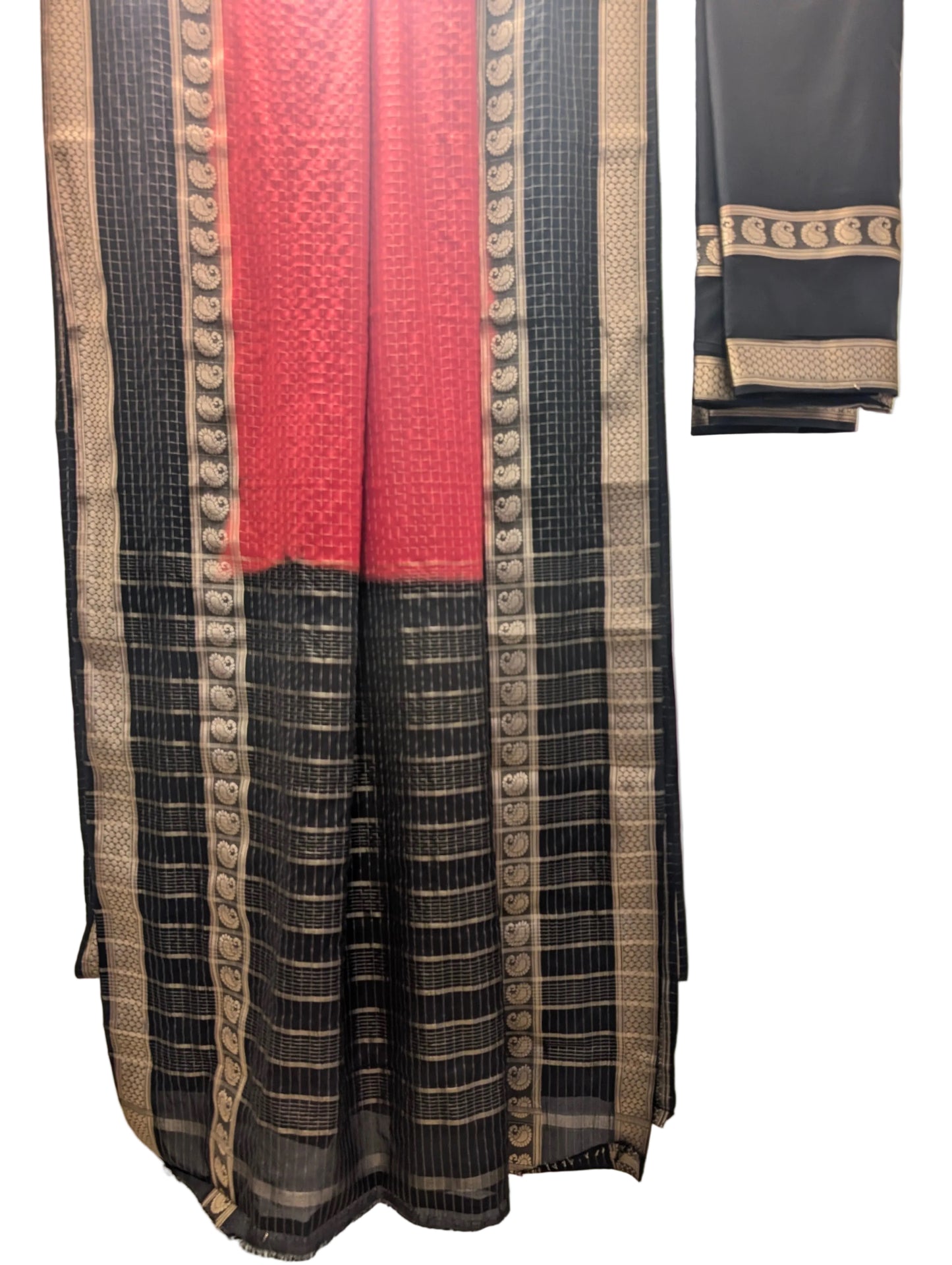 Scarlet Red Crepe Saree with Silver Check Weave & Mango Zari Border
