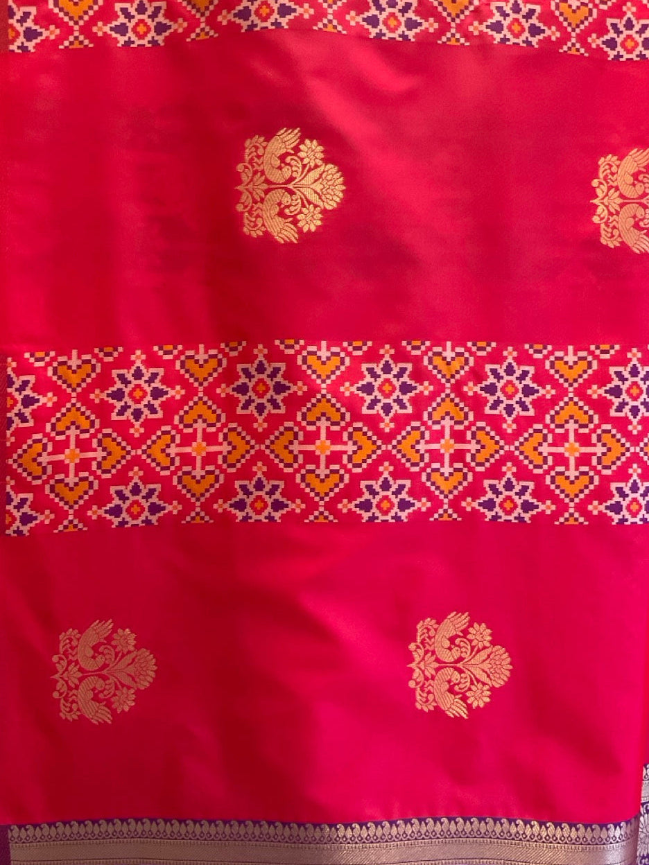 Red & Purple Peacock Ikat Patola Saree | Golden Heavy Pallu on Purple