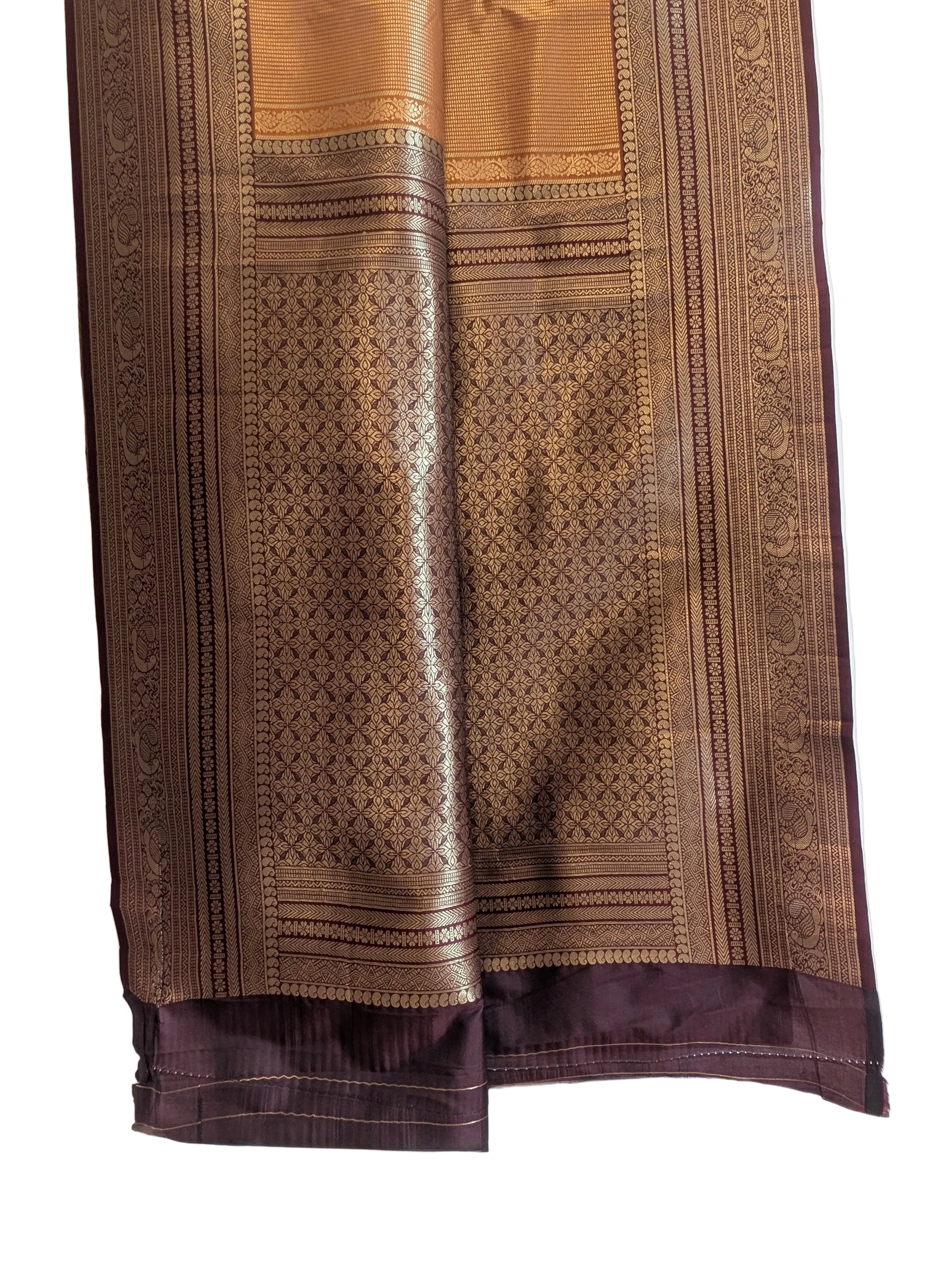 Rust Orange & Brown Kanjivaram style Soft Silk Saree with Gold Zari Border