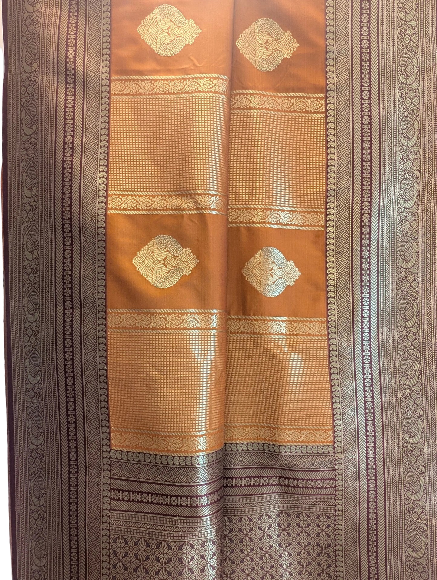 Rust Orange & Brown Kanjivaram style Soft Silk Saree with Gold Zari Border