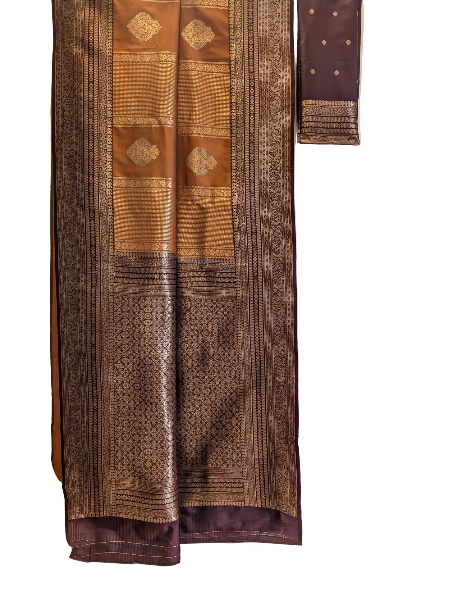 Rust Orange & Brown Kanjivaram style Soft Silk Saree with Gold Zari Border