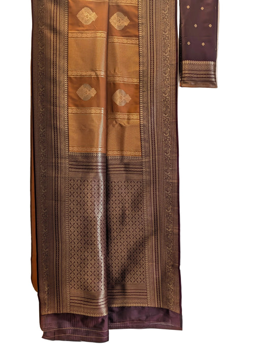 Rust Orange & Brown Kanjivaram style Soft Silk Saree with Gold Zari Border