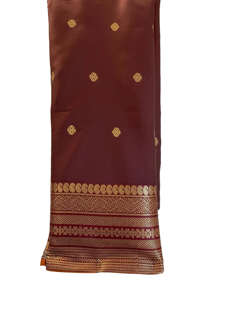 Rust Orange & Brown Kanjivaram style Soft Silk Saree with Gold Zari Border