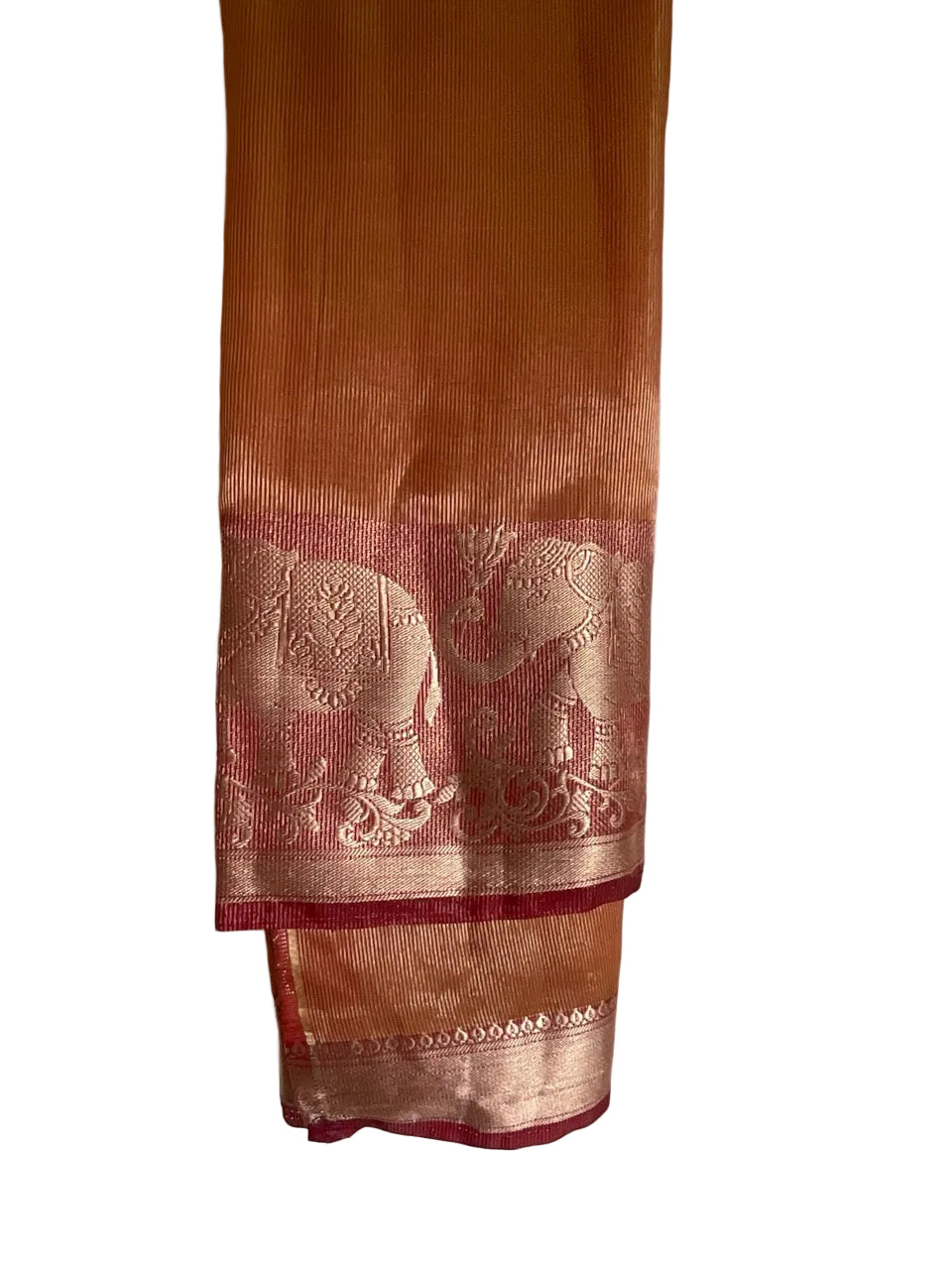 Red Tissue Silk Saree with Silver Zari Vine Weave & Elephant Border