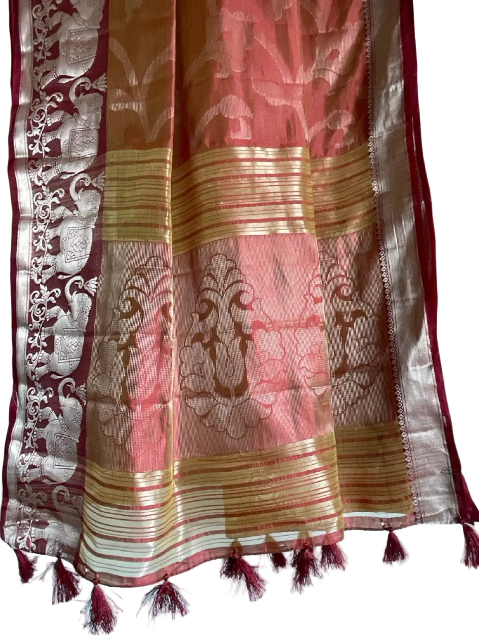 Red Tissue Silk Saree with Silver Zari Vine Weave & Elephant Border