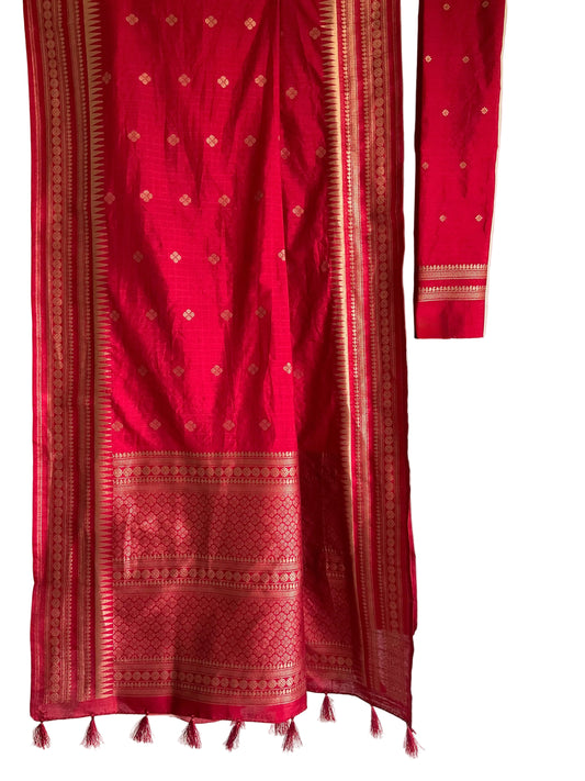 Bright Red Soft Cotton Saree with Temple & Mango Motifs