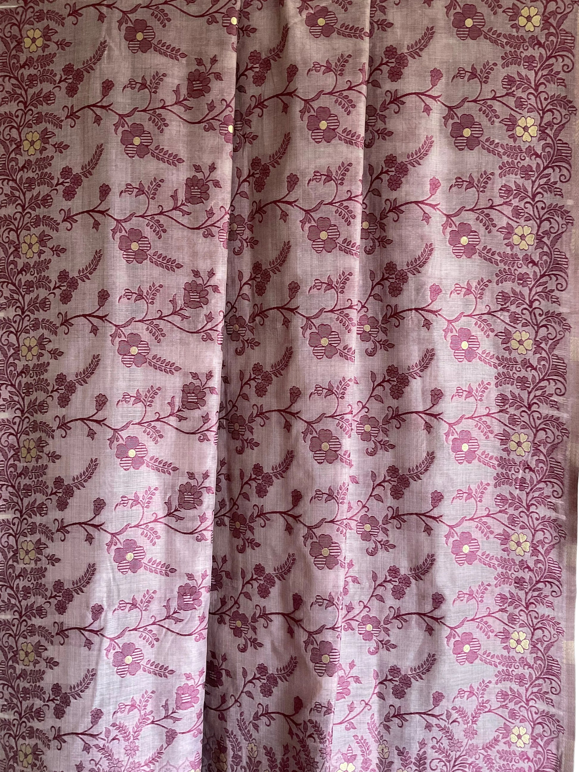 Soft Purple Cotton Saree with Wine Floral Vine Jaal & Geometric Border