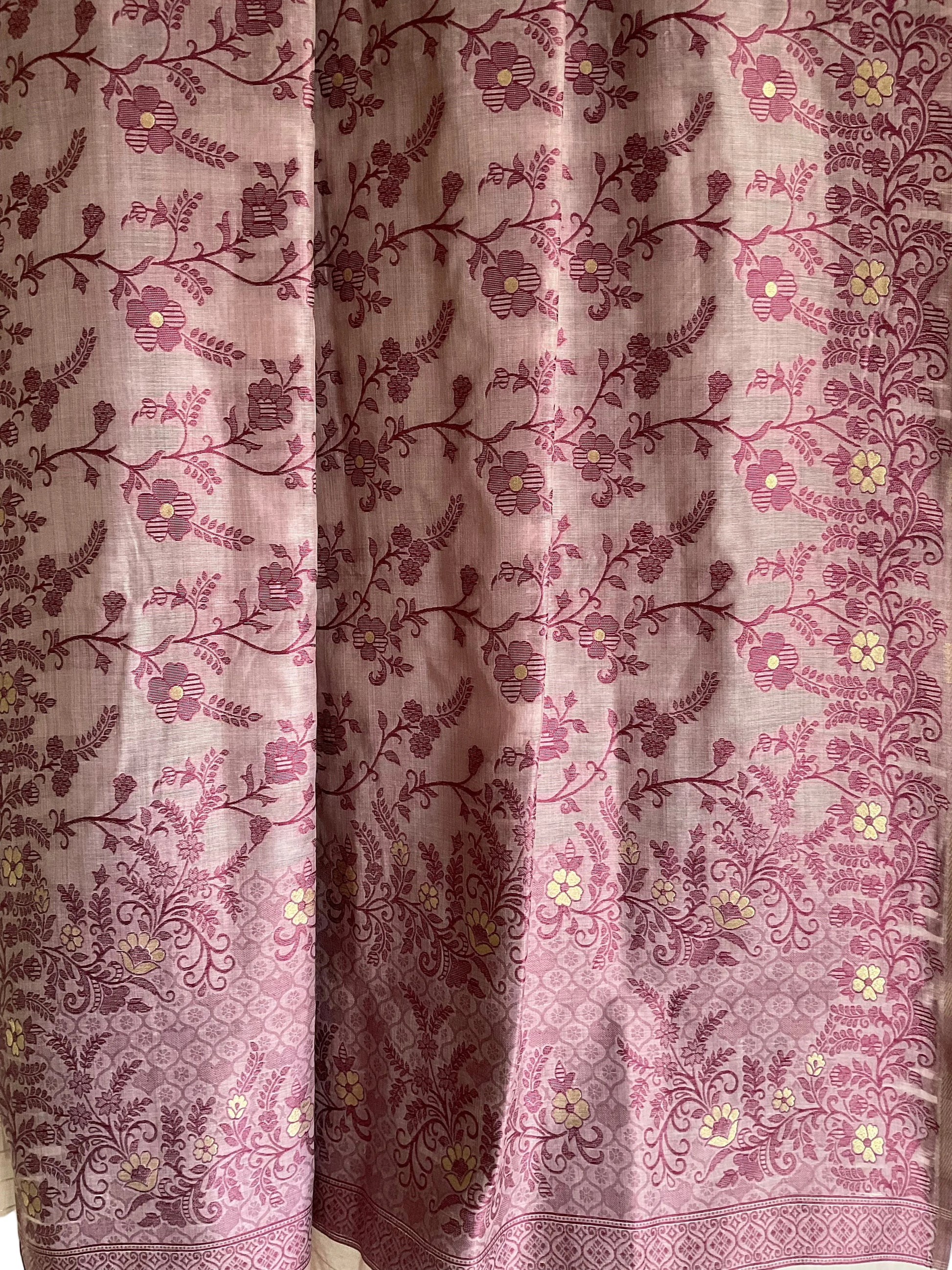 Soft Purple Cotton Saree with Wine Floral Vine Jaal & Geometric Border
