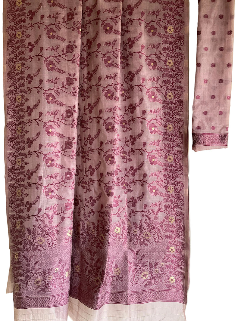 Soft Purple Cotton Saree with Wine Floral Vine Jaal & Geometric Border