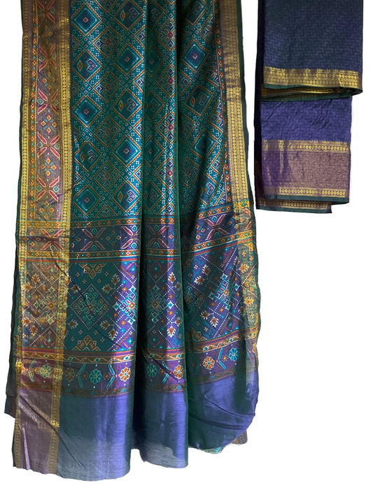 Teal & Indigo Double Ikat Patola Silk Saree with Multicolour Geometric Diamond Jaal