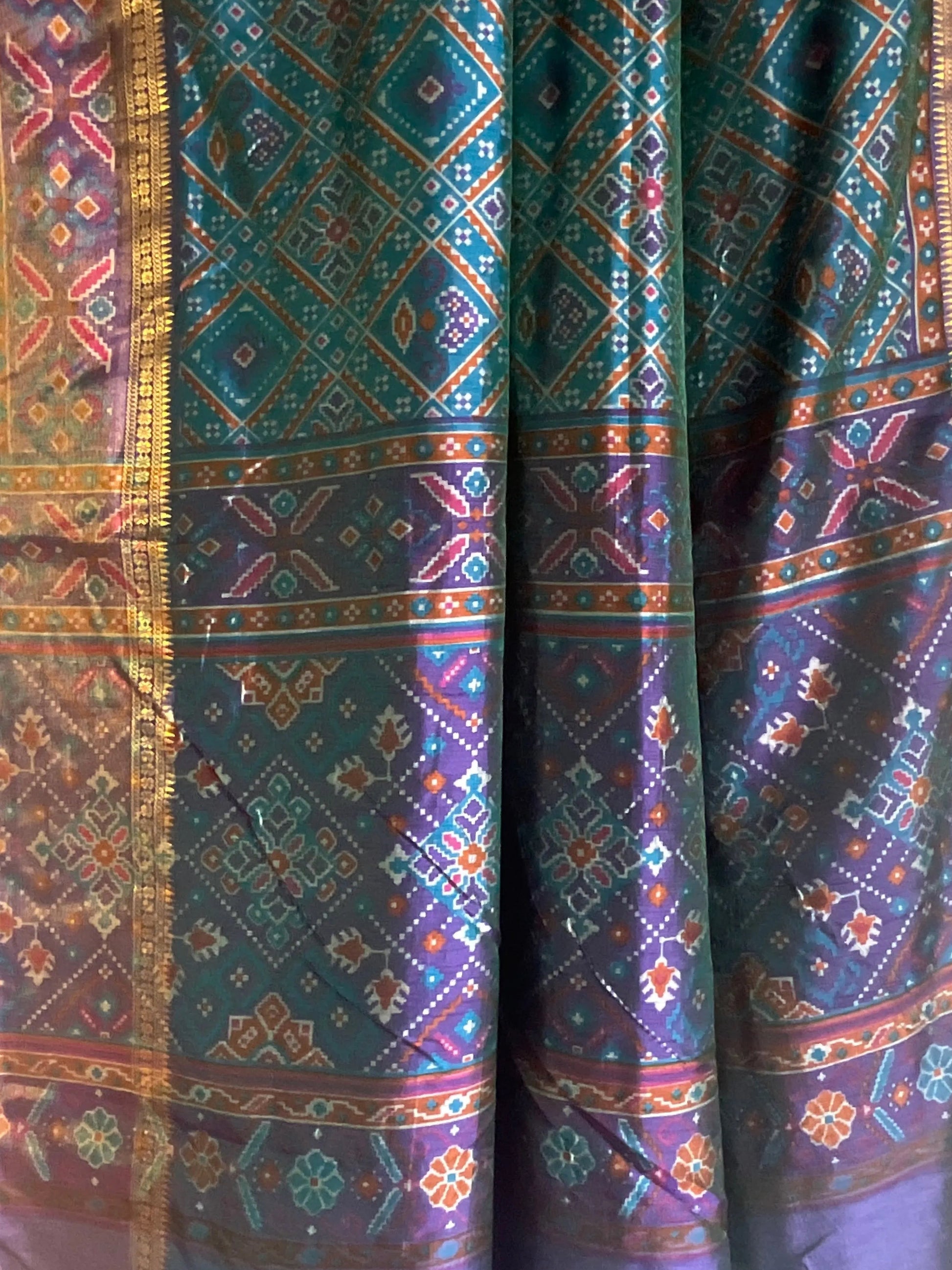 Teal & Indigo Double Ikat Patola Silk Saree with Multicolour Geometric Diamond Jaal