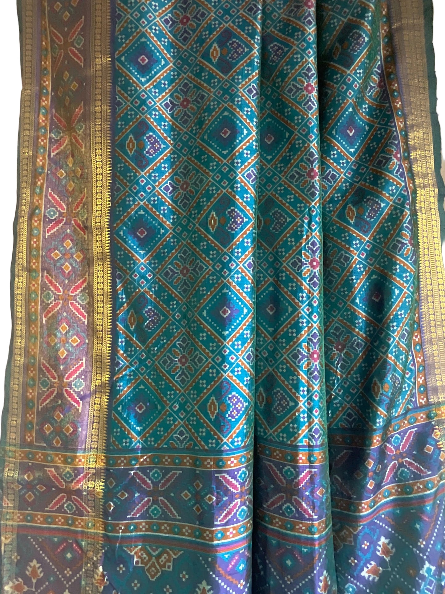 Teal & Indigo Double Ikat Patola Silk Saree with Multicolour Geometric Diamond Jaal