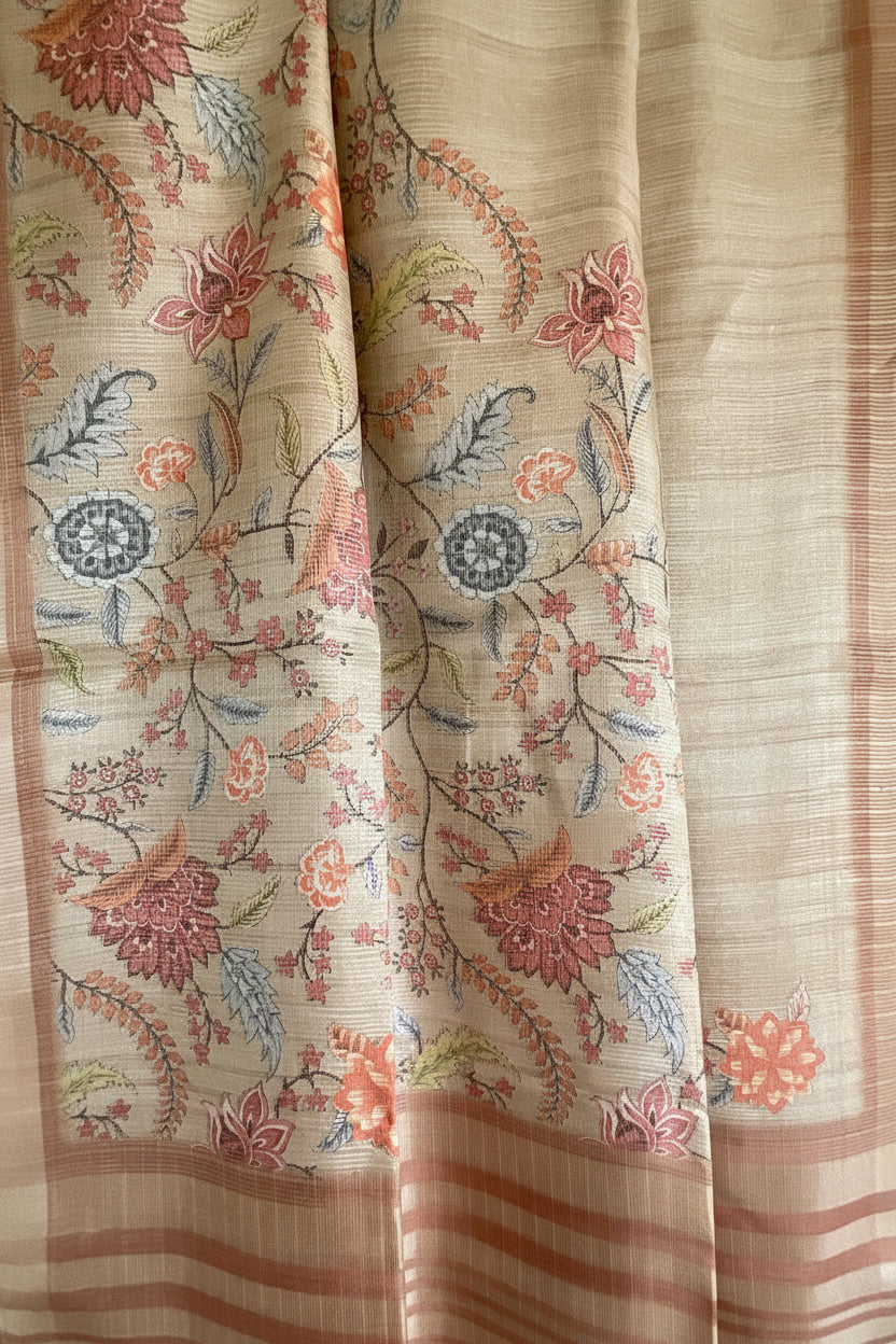 Terracotta Rose Gold Tissue Silk Saree with Kalamkari Floral Pallu & Copper Zari Border