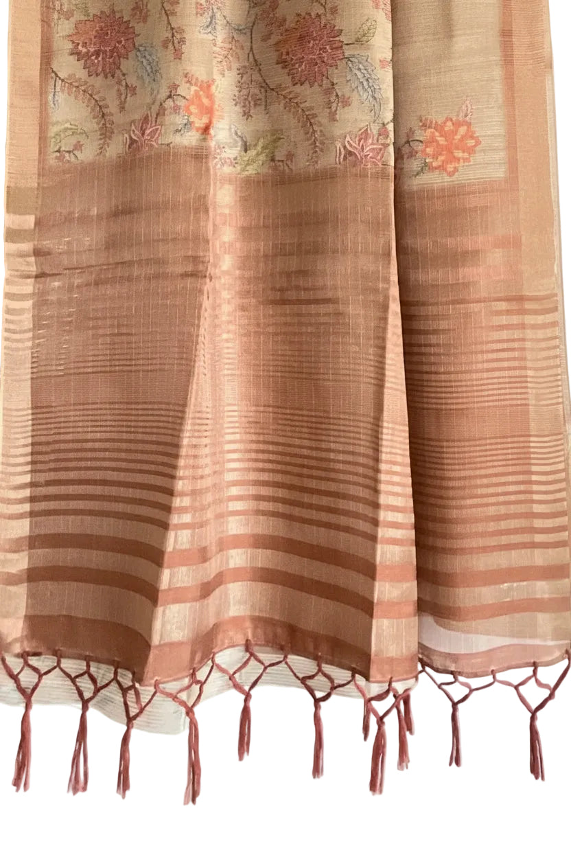 Terracotta Rose Gold Tissue Silk Saree with Kalamkari Floral Pallu & Copper Zari Border
