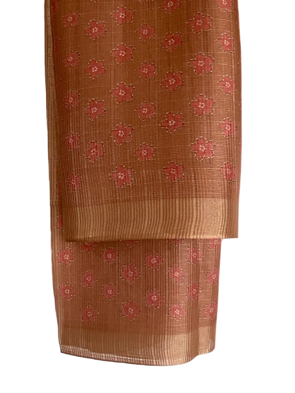 Terracotta Rose Gold Tissue Silk Saree with Kalamkari Floral Pallu & Copper Zari Border