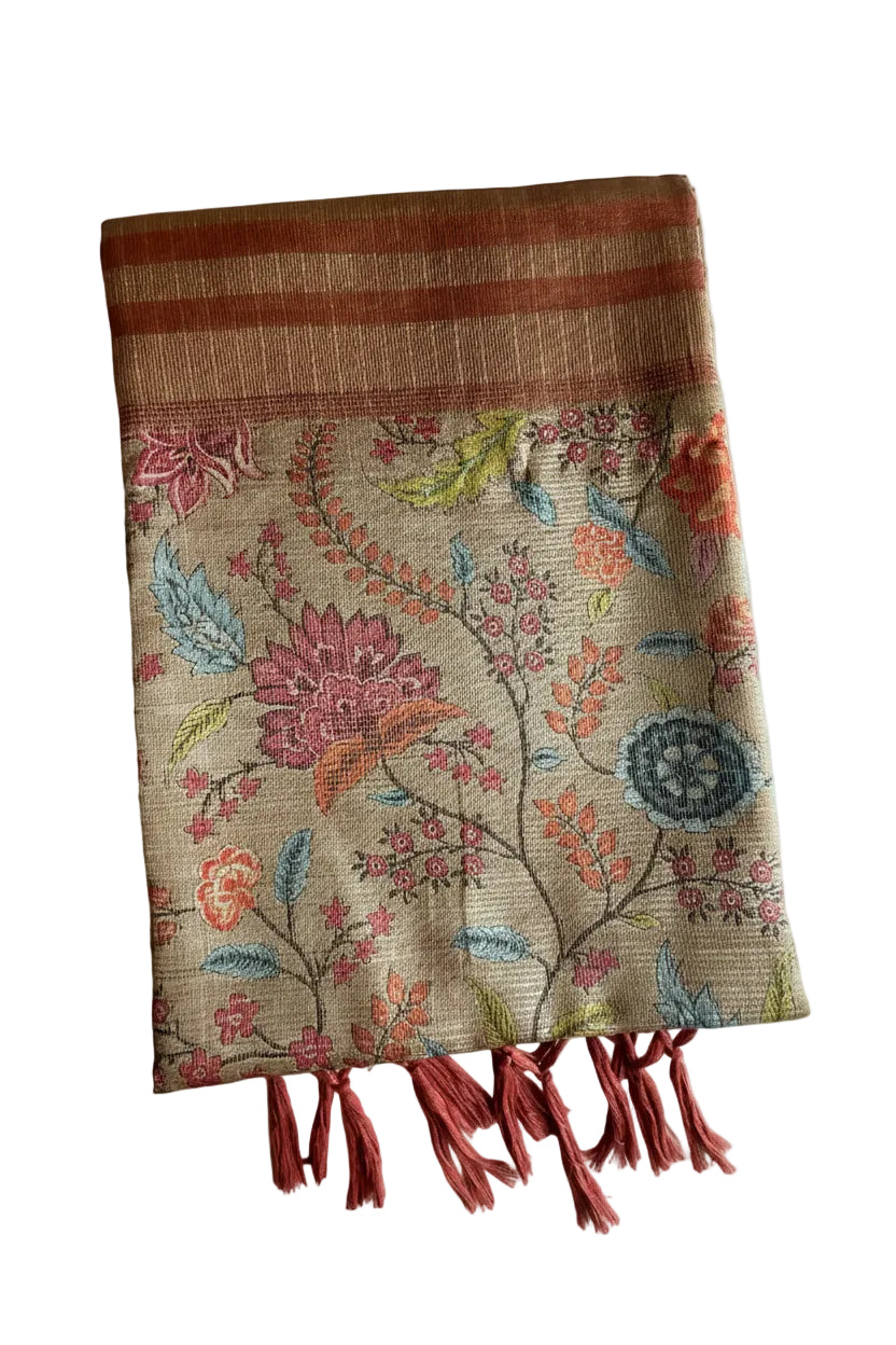 Terracotta Rose Gold Tissue Silk Saree with Kalamkari Floral Pallu & Copper Zari Border
