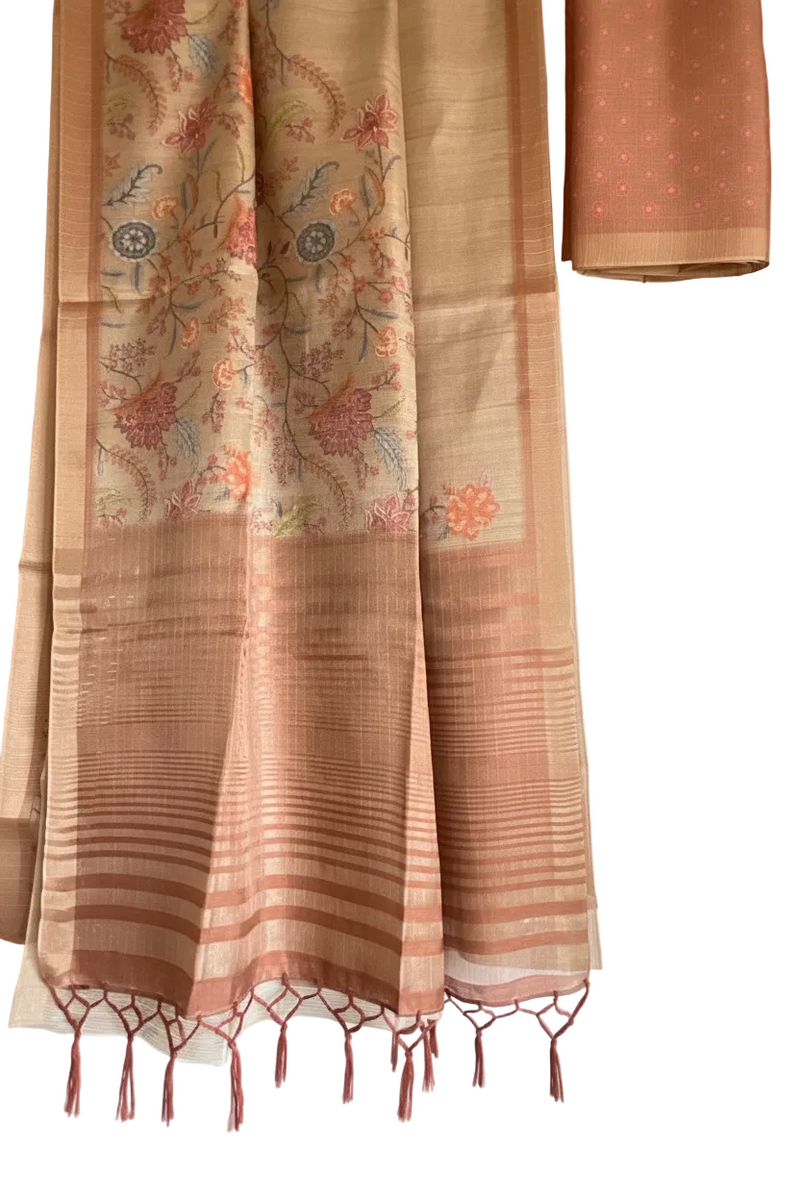 Terracotta Rose Gold Tissue Silk Saree with Kalamkari Floral Pallu & Copper Zari Border