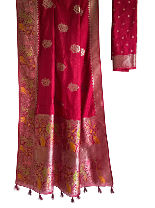 Radiant red saree with gold floral elephant and bird motifs full drape view Aariyaa studio Bangalore
