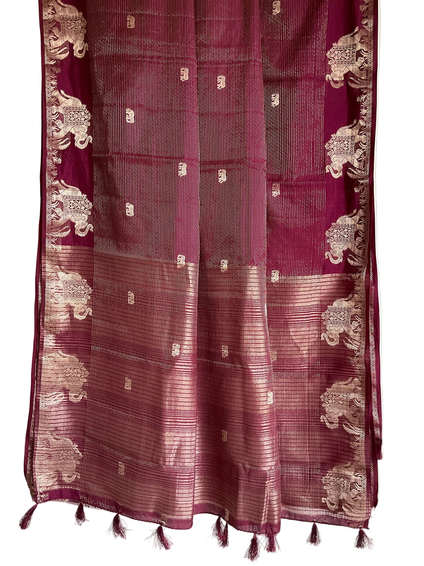 Deep Wine / Purple Tissue Silk Saree with Elephant Border & Contrast Red Blouse