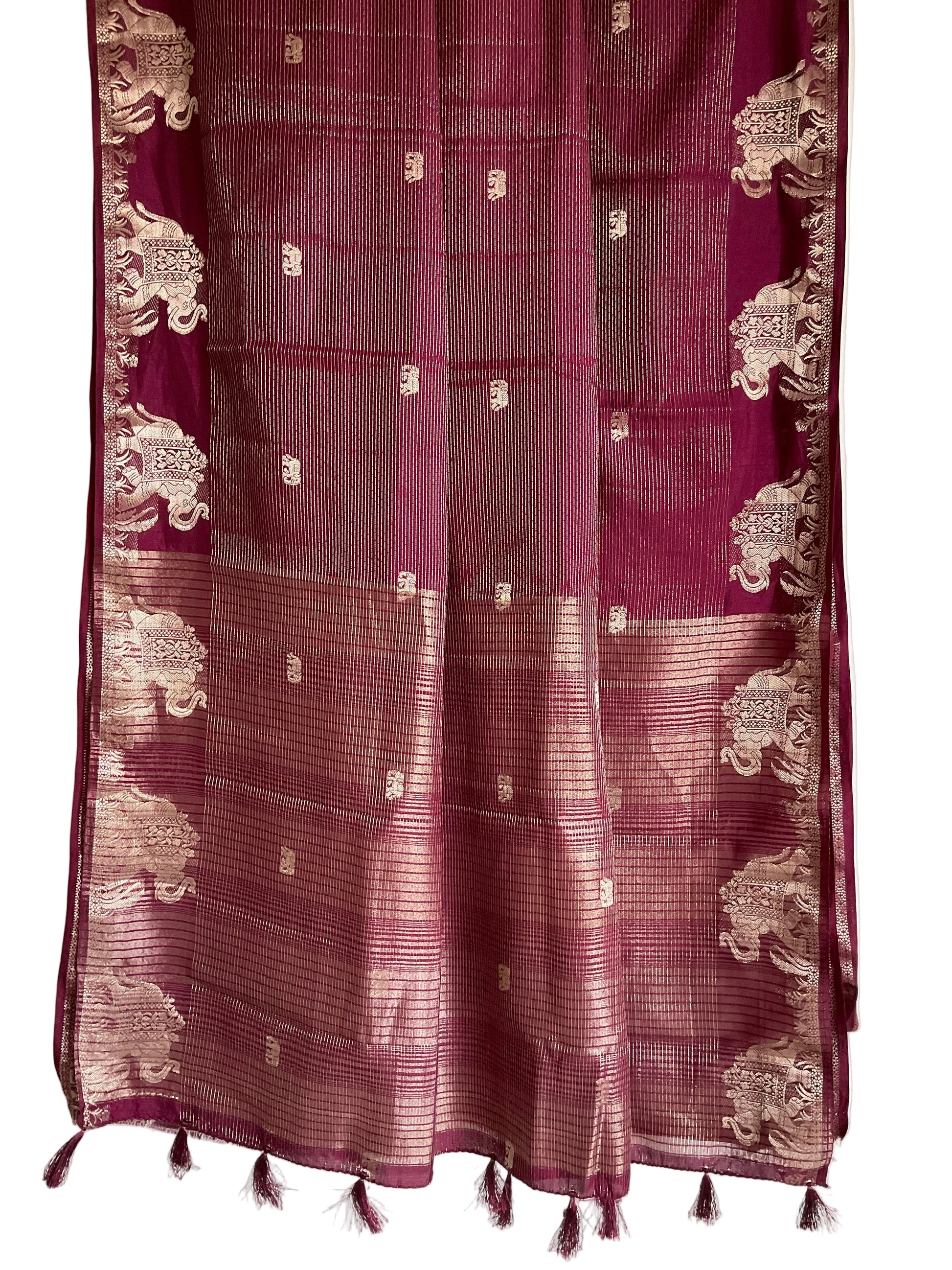 Deep Wine / Purple Tissue Silk Saree with Elephant Border & Contrast Red Blouse