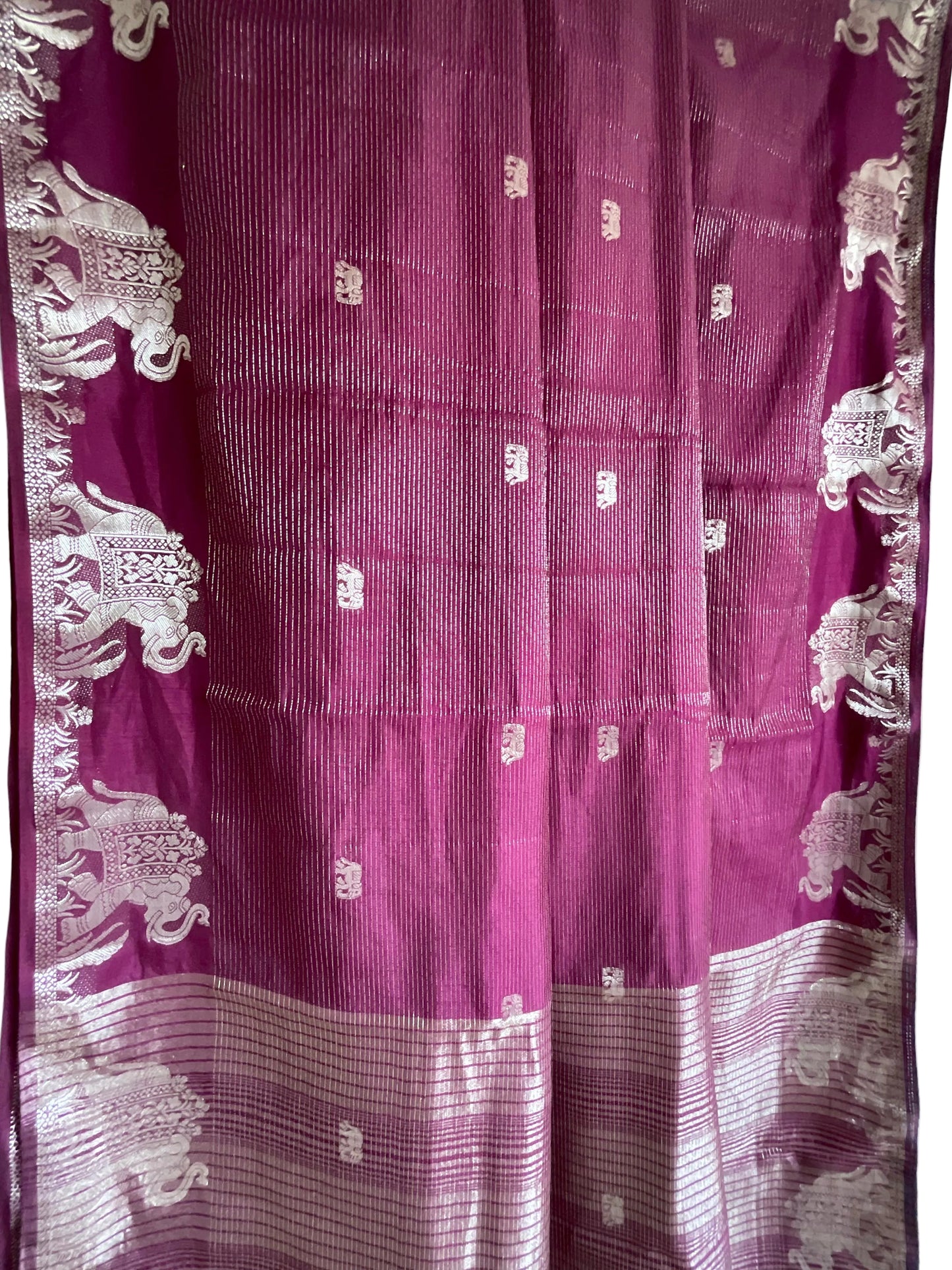 Deep Wine / Purple Tissue Silk Saree with Elephant Border & Contrast Red Blouse
