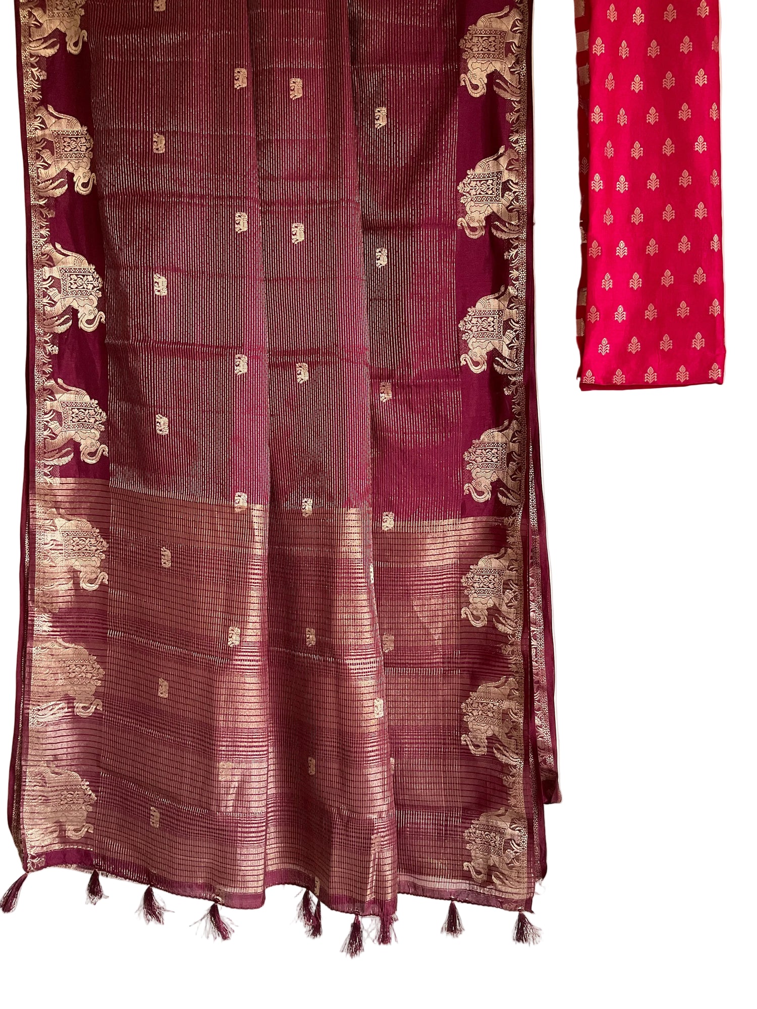 Deep Wine / Purple Tissue Silk Saree with Elephant Border & Contrast Red Blouse