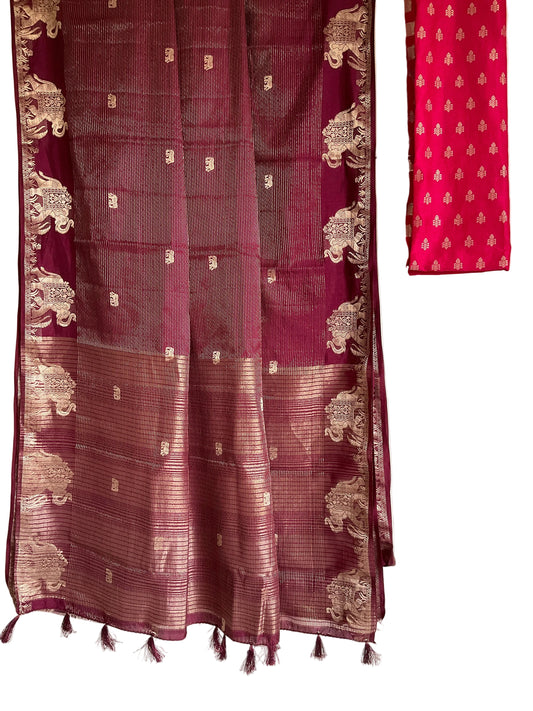 Deep Wine / Purple Tissue Silk Saree with Elephant Border & Contrast Red Blouse