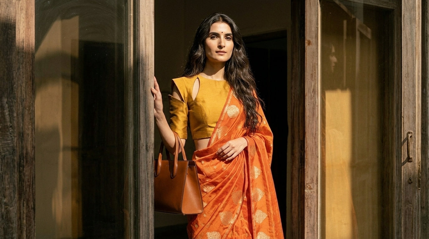 Workwear orange saree modern indian woman 