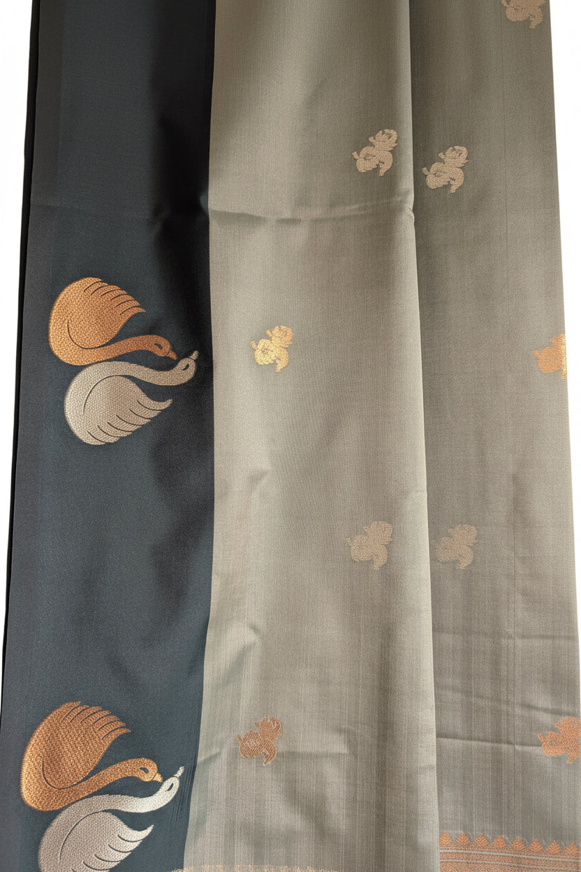 Shades of Green Soft Silk Saree with Gold Swan Buttas & Antique Gold Pallu