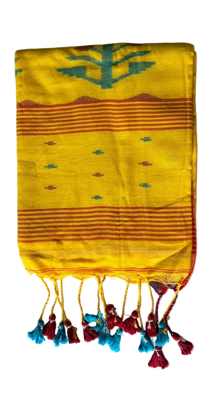 Yellow fabric pouch with colorful tassels on a white background