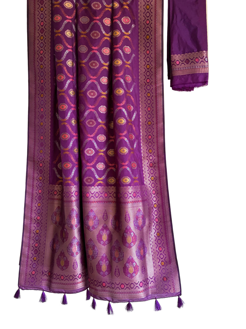 Purple soft silk saree with Banarasi multicolour floral medallions full drape view Aariyaa sarees Bengaluru