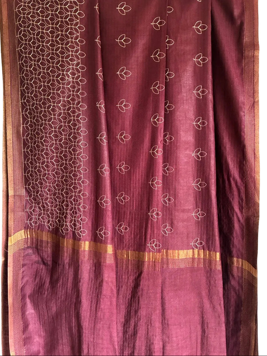 Brown Assam Silk Embroidered Saree