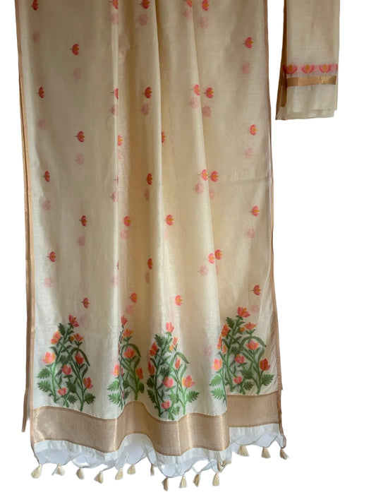 Off White Jamdani Cotton Aariyaa Saree with Lotus Motifs