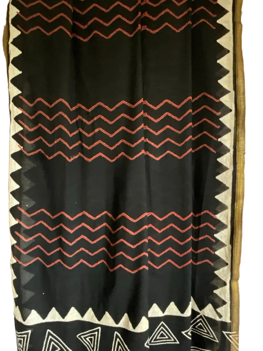 Black Block Print Cotton Saree