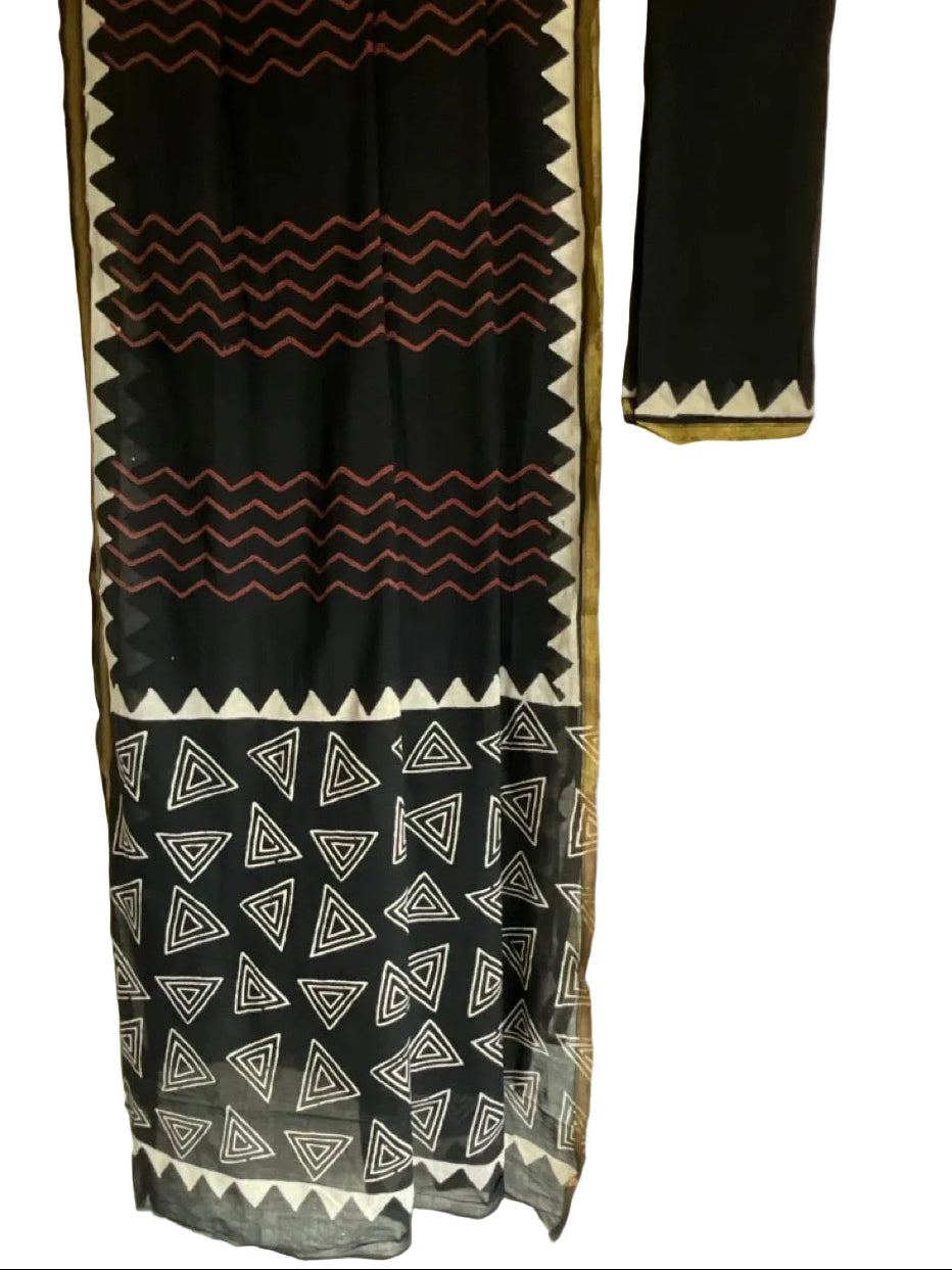 Black Block Print Cotton Saree